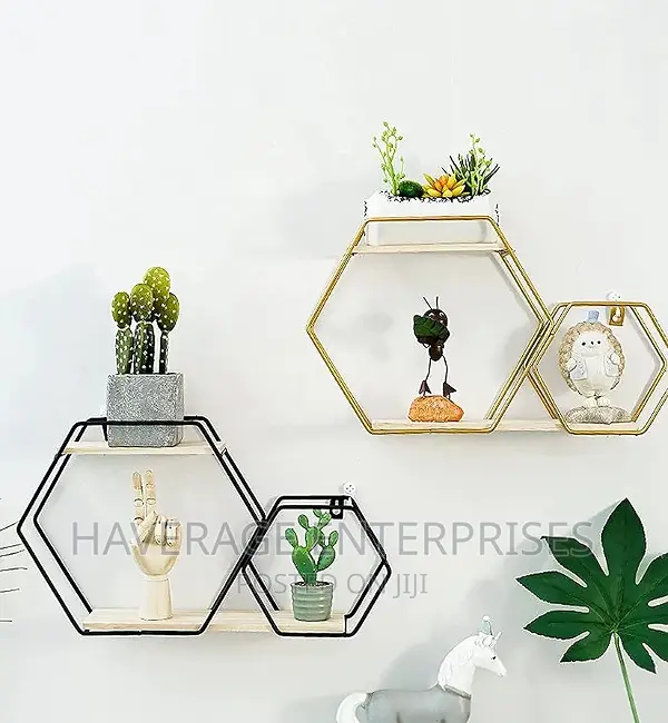 Hexagonal Floating Shelf With Wooden Board,