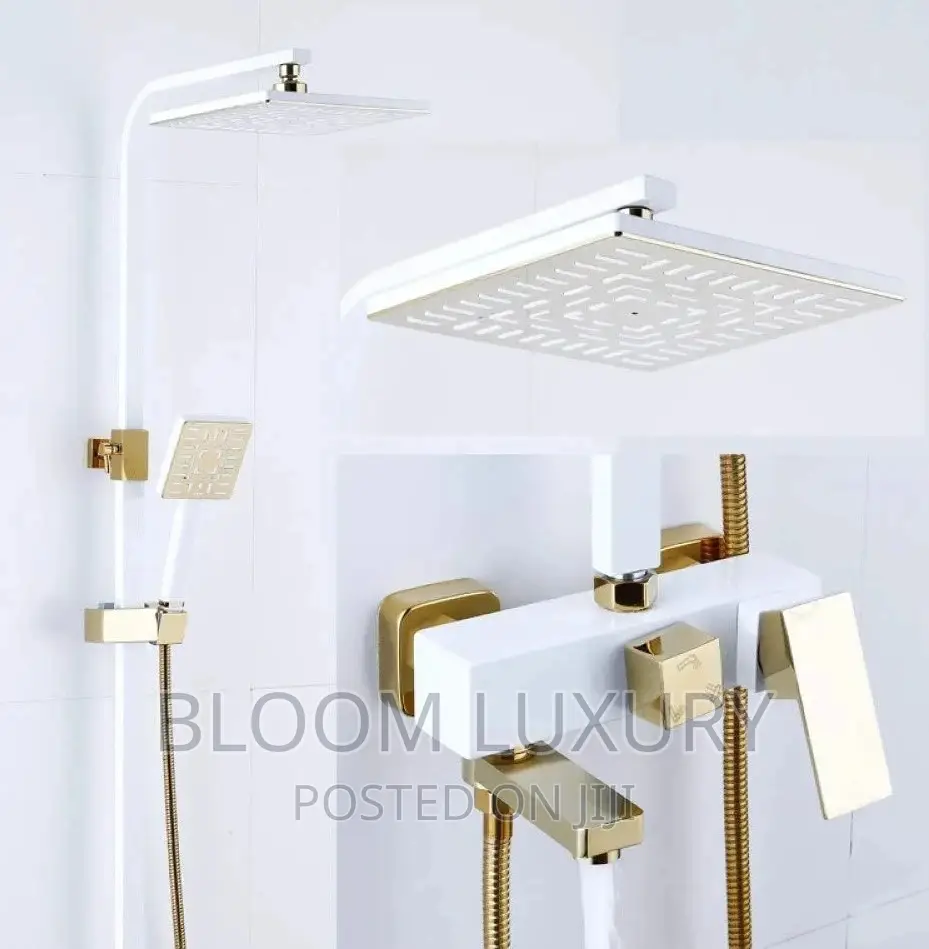 Gold+White Luxury Rainfall Surface Shower, Brass Engine
