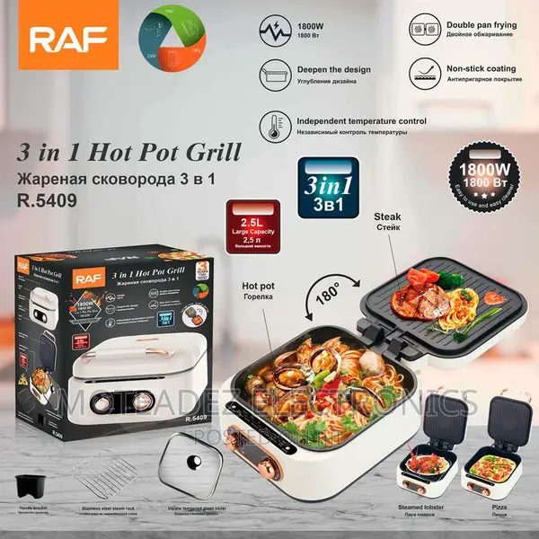 Raf 3in1 Multifunctional Electric Non Stick Hot Pot Grill Cooker