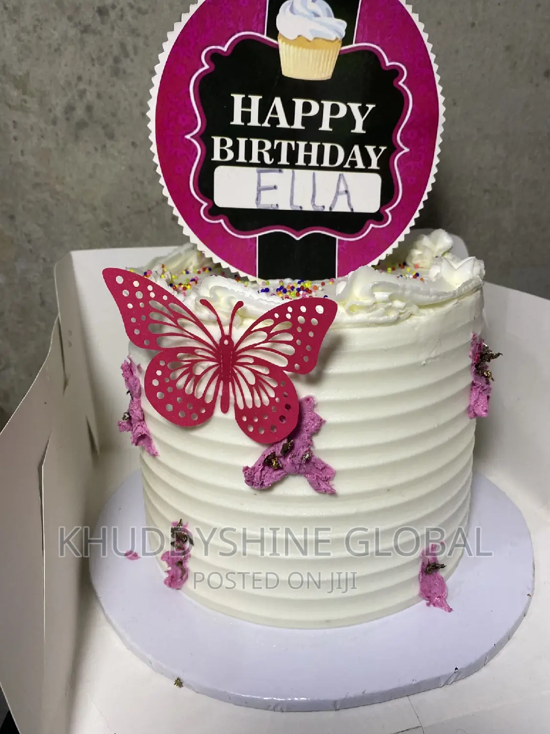 Rose Pink and White Butterfly Round Birthday Cakes