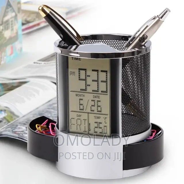 Multifunction Digital LCD Alarm Clock Mesh Pen Holder