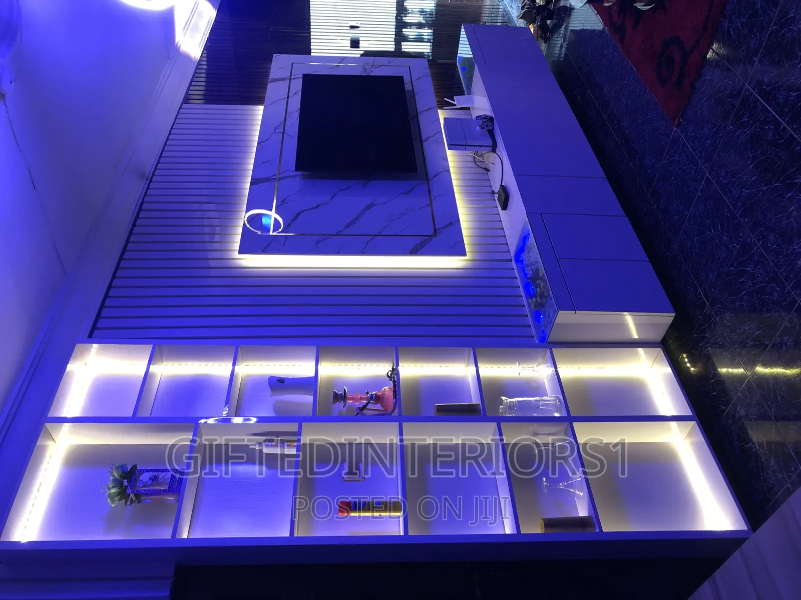 High Glossy Tv Console With Wall Cladding and LED Lights