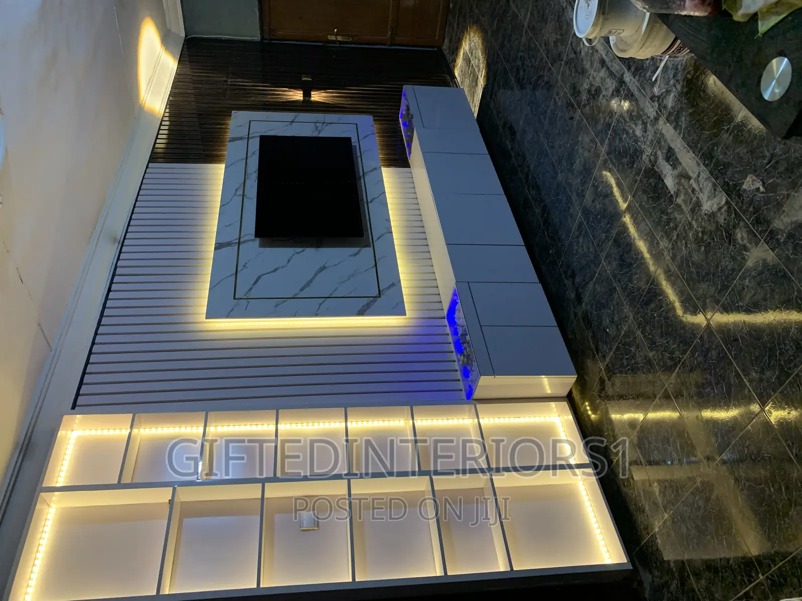 High Glossy Tv Console With Wall Cladding and LED Lights