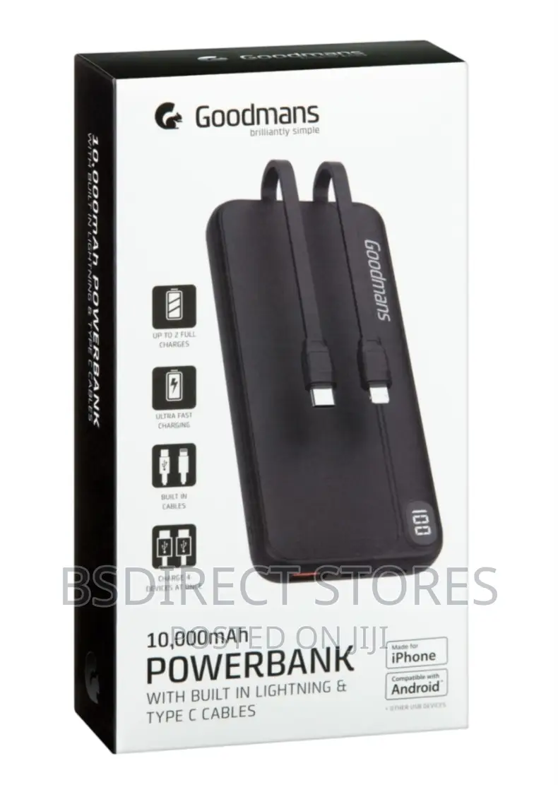 Goodmans 10000 Powerbank + Built-in Lightning Type C Cable
