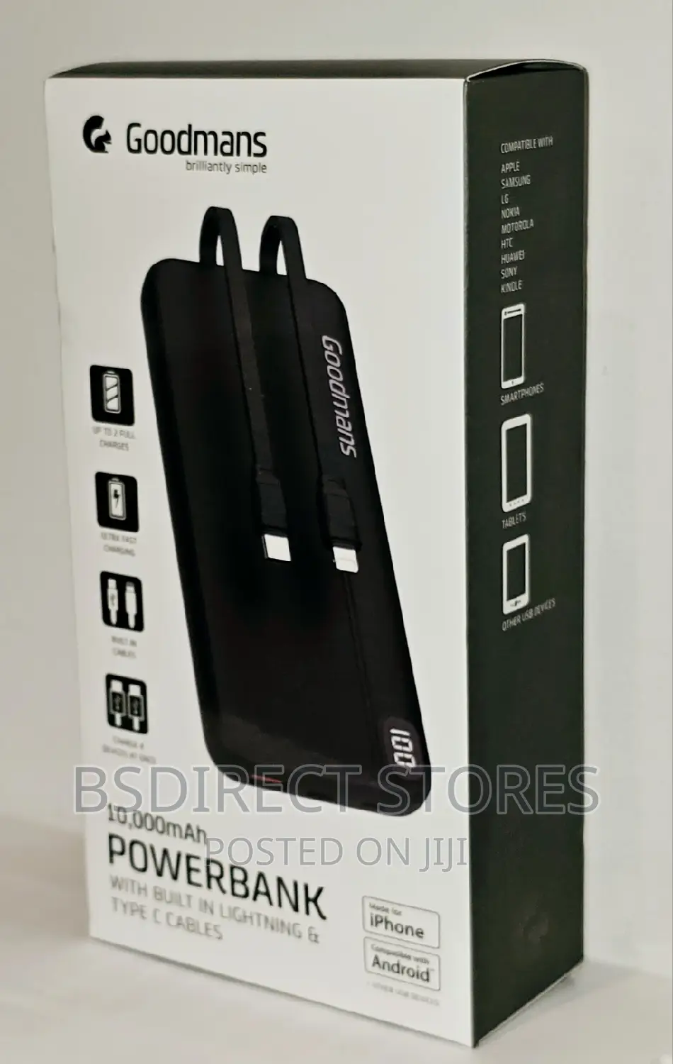 Goodmans 10000 Powerbank + Built-in Lightning Type C Cable
