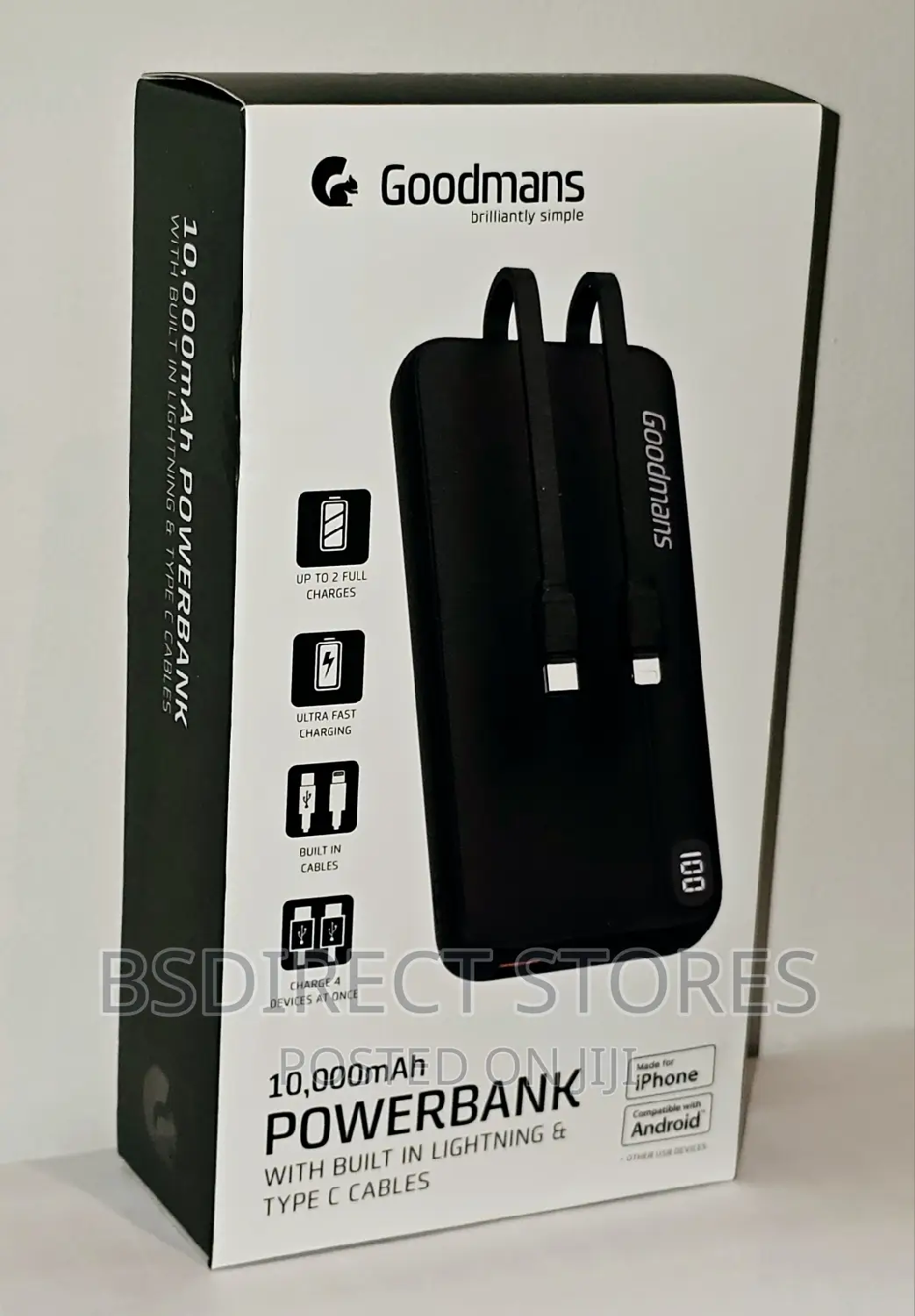 Goodmans 10000 Powerbank + Built-in Lightning Type C Cable