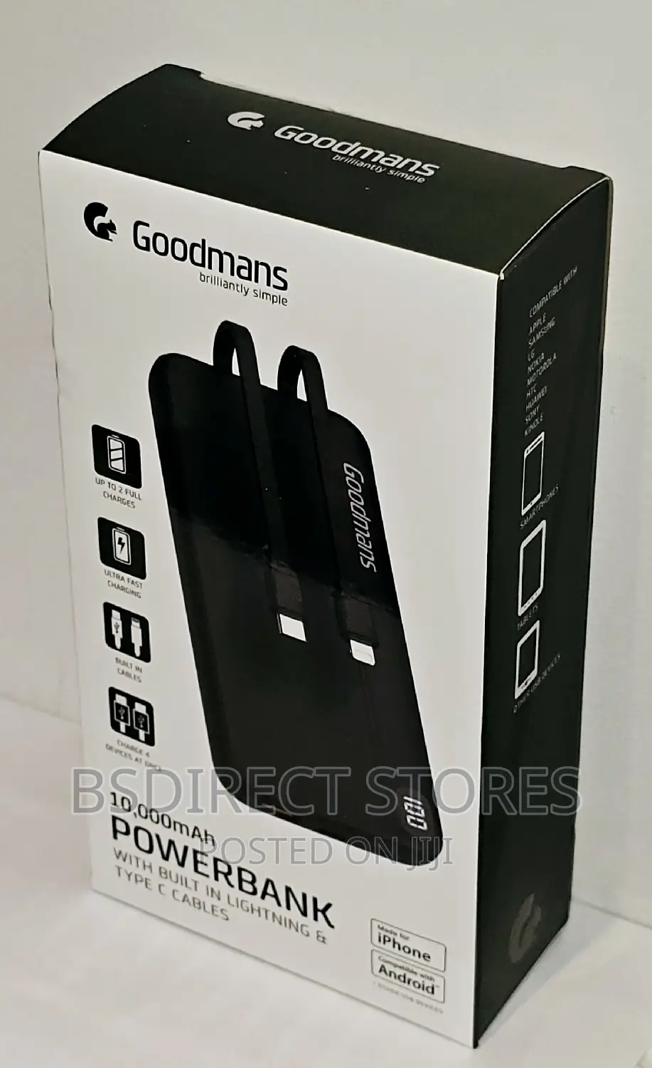 Goodmans 10000 Powerbank + Built-in Lightning Type C Cable