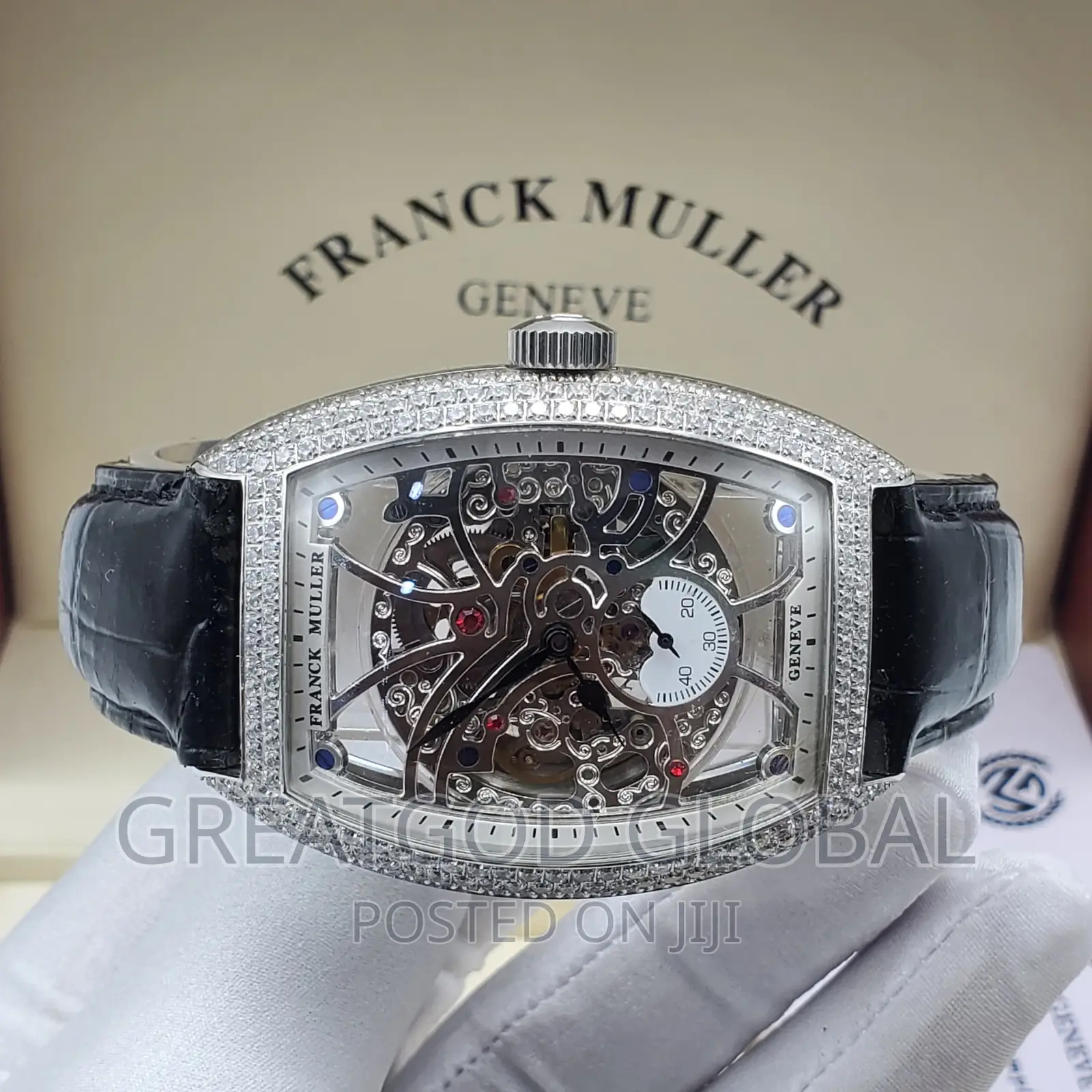 Luxury Frank Muller Solid Leather Wristwatch Silver Body