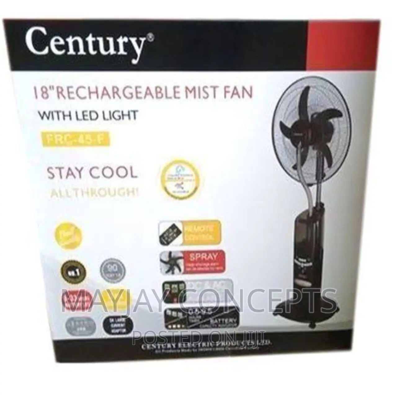 4-in-1 Century Rechargeable Mist Standing Fan-Supports Solar