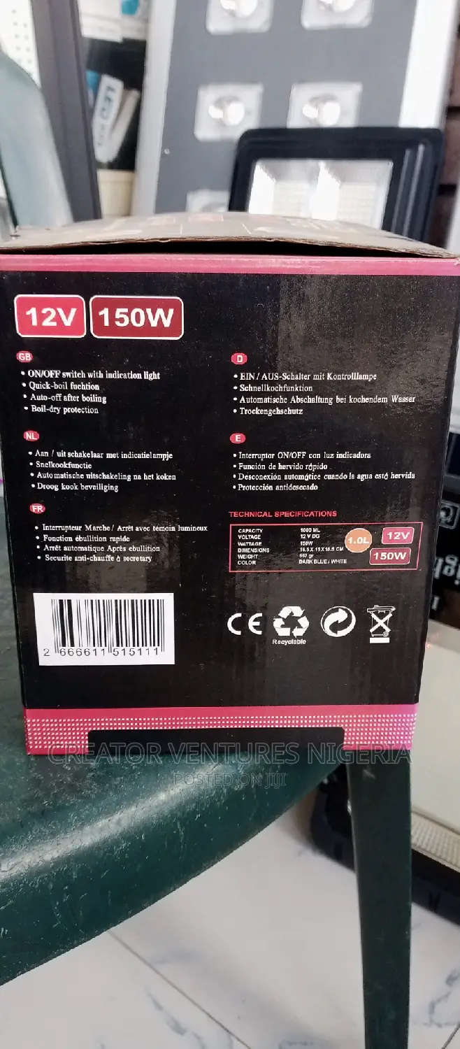 DC Kettle Electric 12V ,1lrt Quick Boiler, Anti-Rust Body.