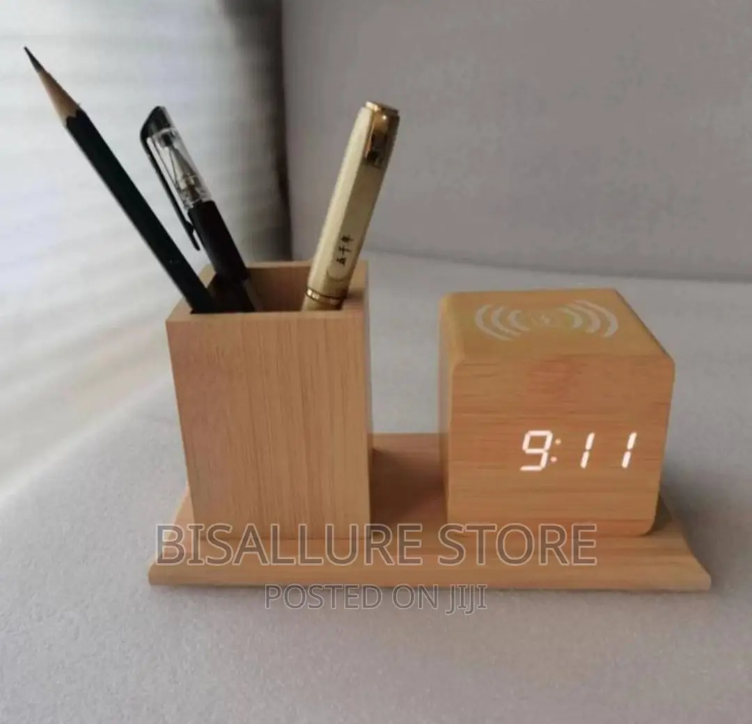 2 In 1 Wooden Alarm Clock And Pen Holder
