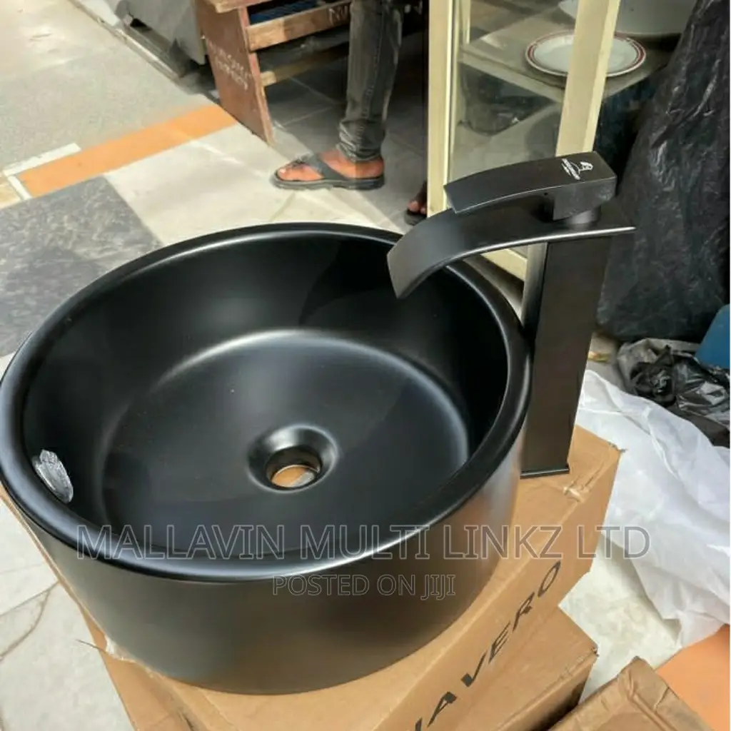 Black Countertop Basin and Basin Mixer Hot and Cold Faucets