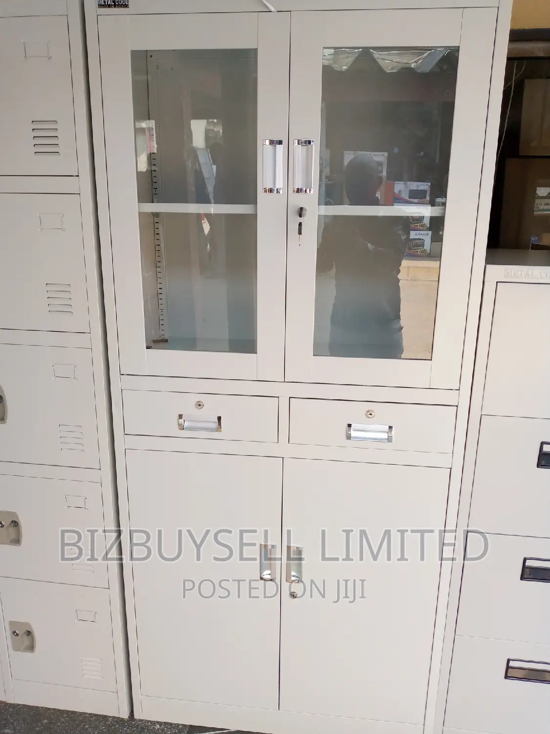 Fool High Metal Shelves, Half Glass Doors Half Metal, 2 Draw