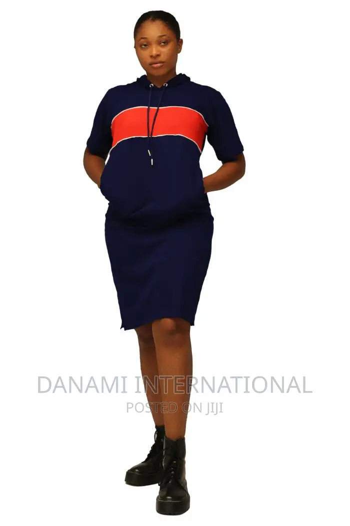 Danami Hooded Dress Gown- Red With White on Navy Blue