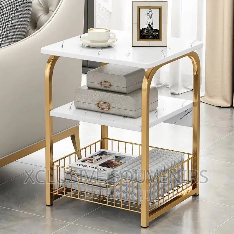 3 Tier White And Gold Side Table With Storage Basket
