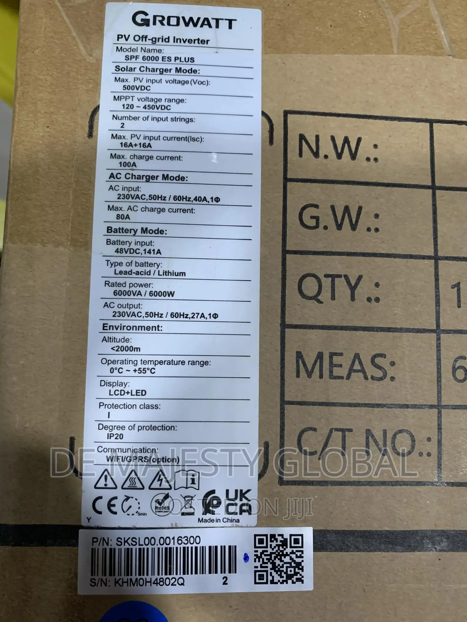 Growatt 6000 Es Plus With 500VDC, 450V MPPT Range 100a MPPT