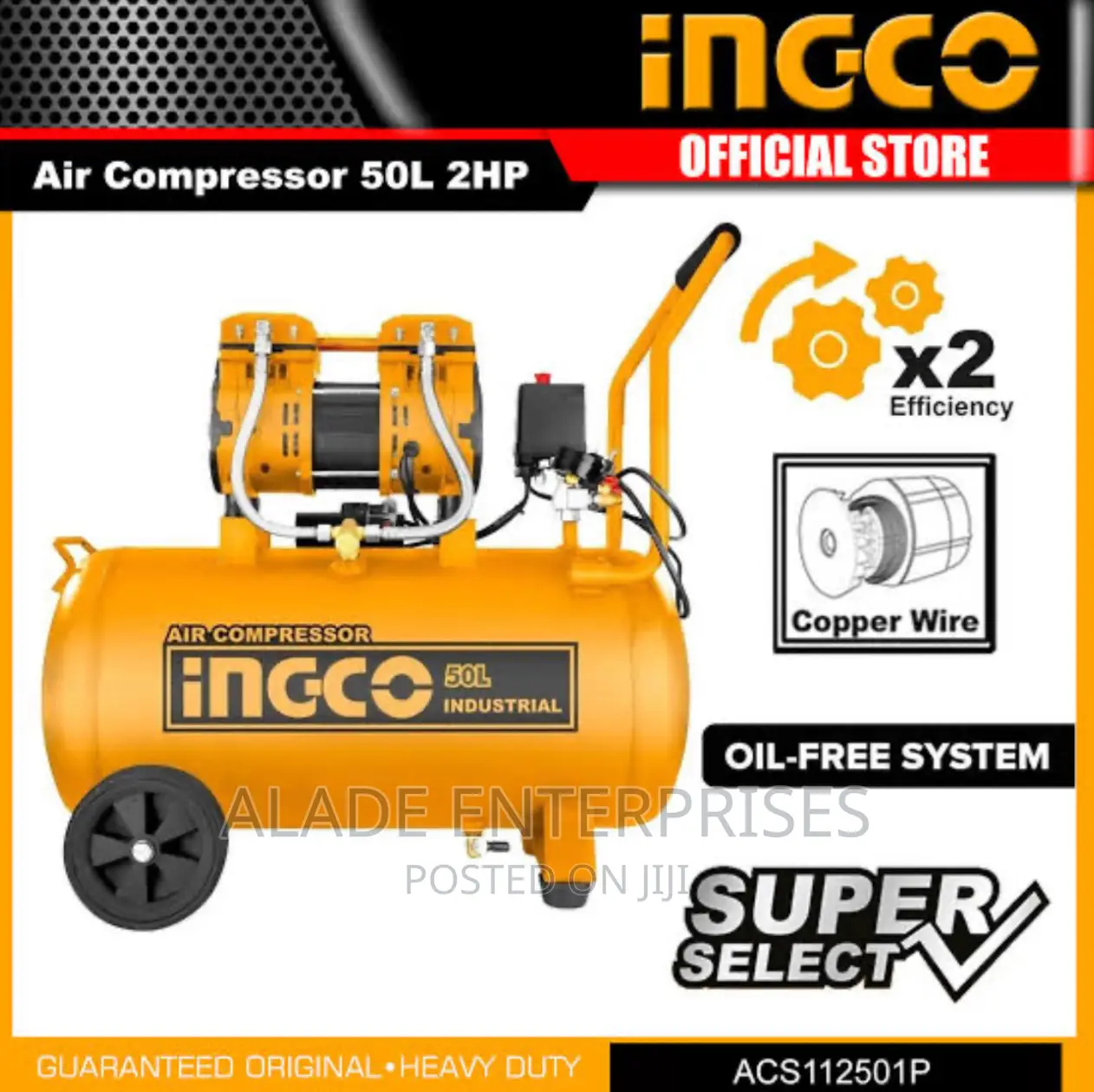 INGCO 50L Industrial Air Compressor Oilfree 100%Pure Copper