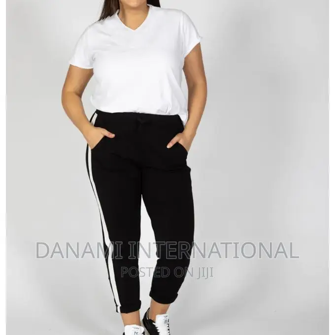 Danami Women’S Black With White Stripe Joggers Plus v Neck T