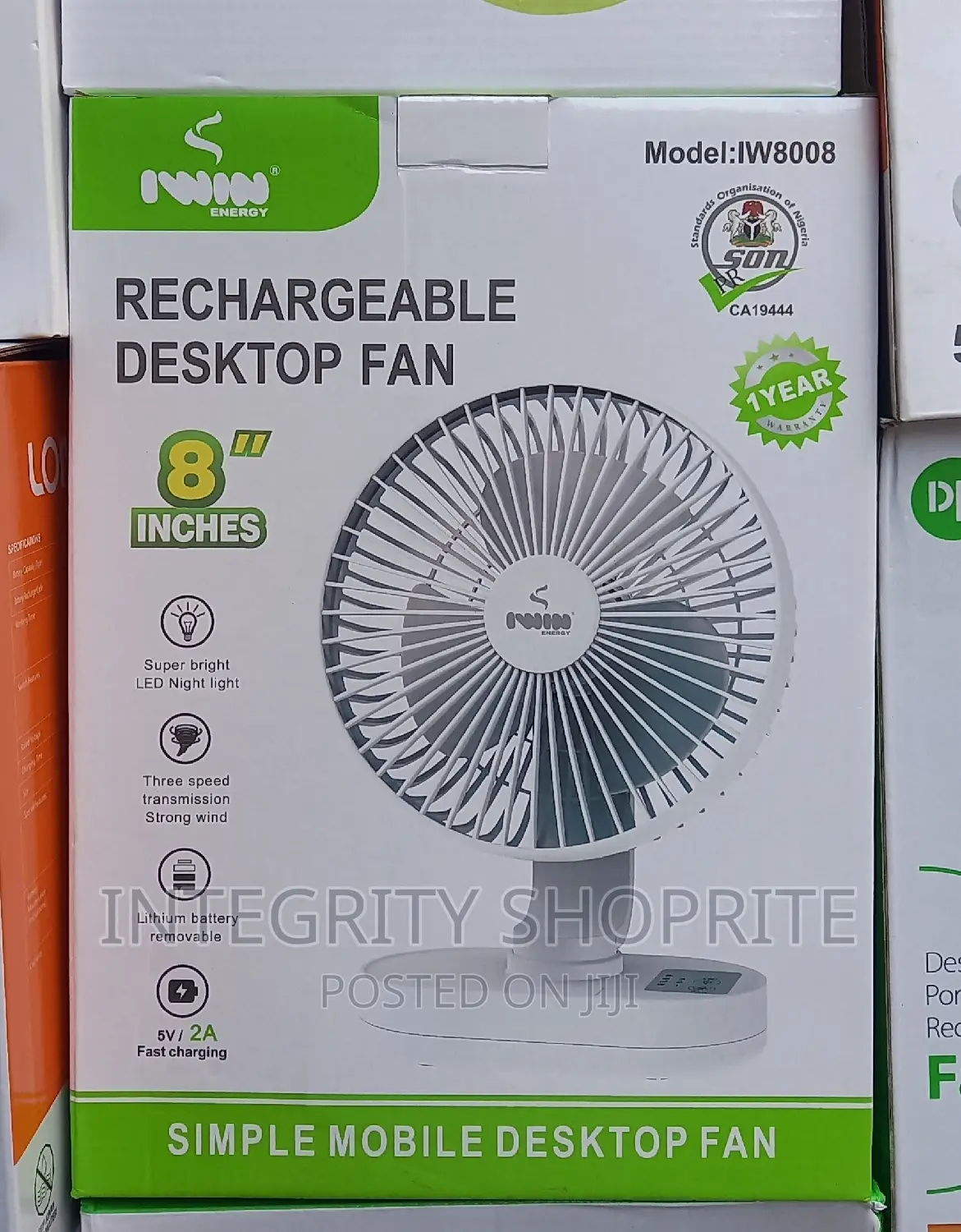 Iwin Energy Rechargeable Table Fan + Led Light - 8inches