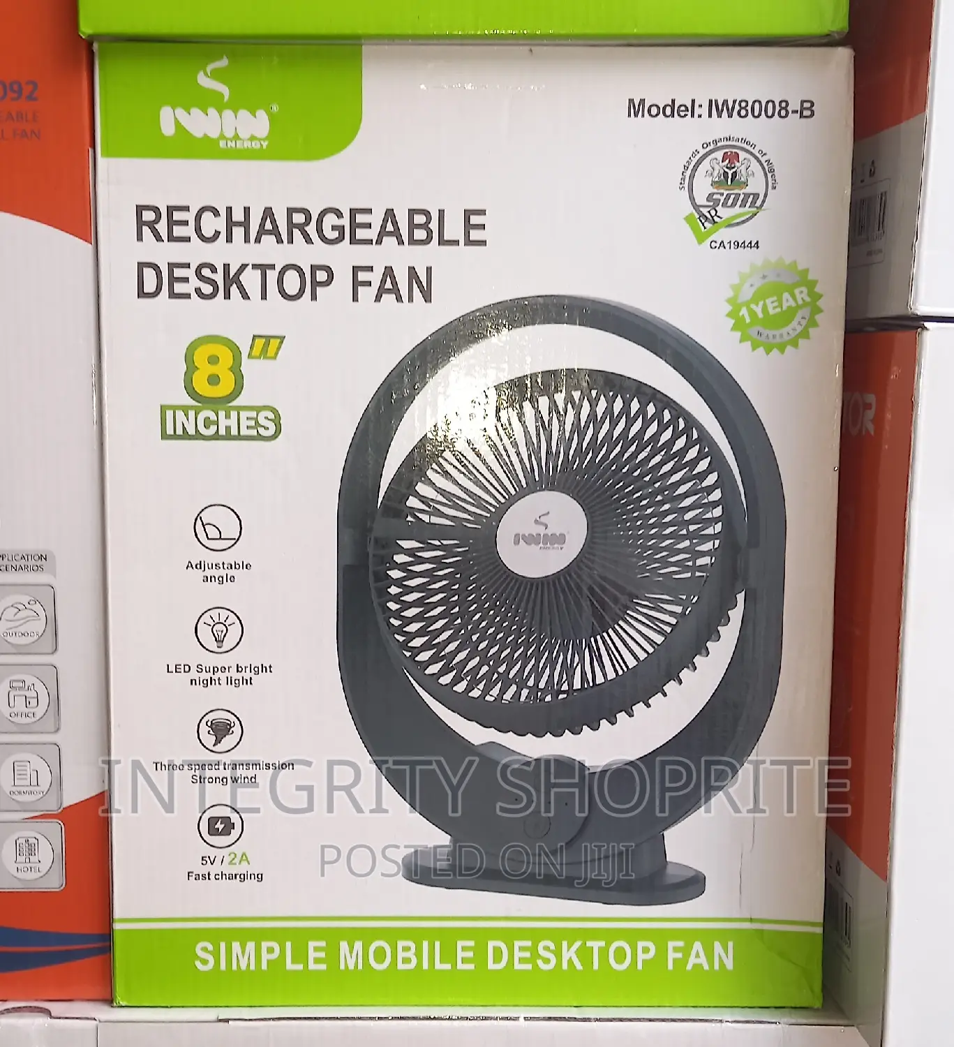 IWIN ENERGY 8inches Rechargeable Desk Fan + Led Light
