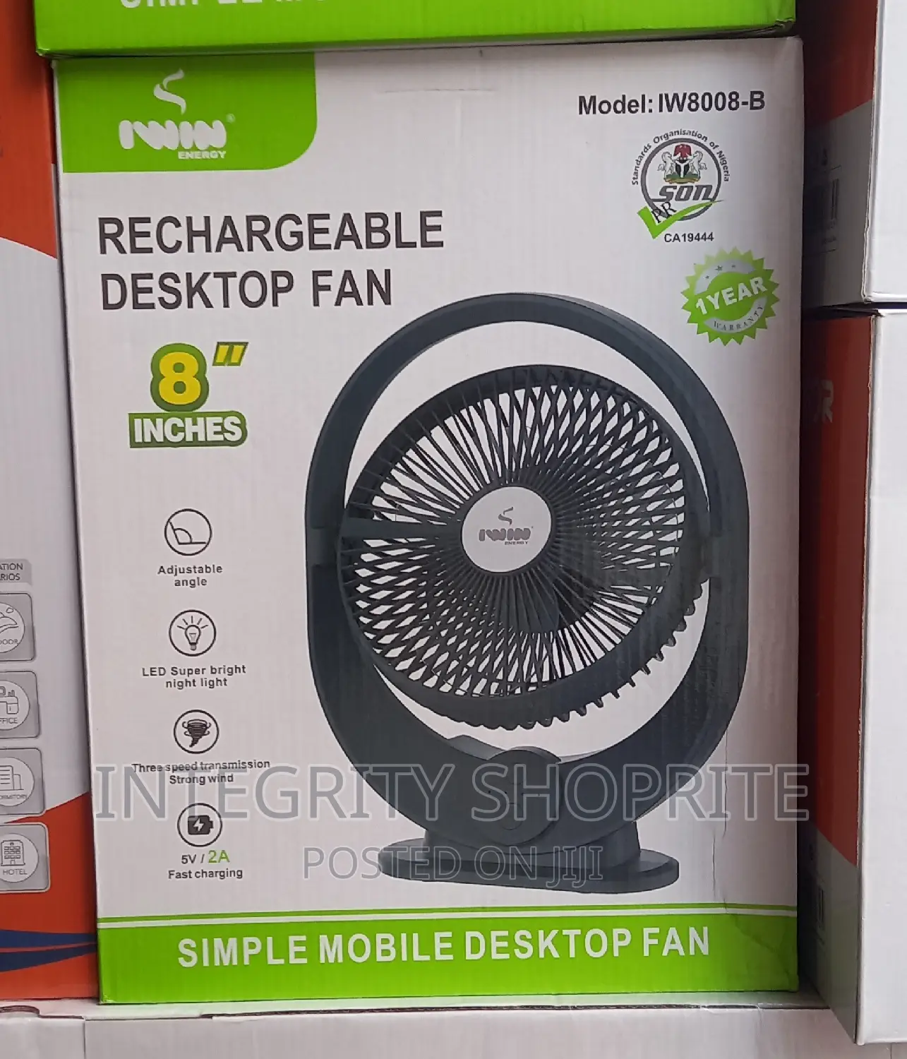 IWIN ENERGY 8inches Rechargeable Desk Fan + Led Light