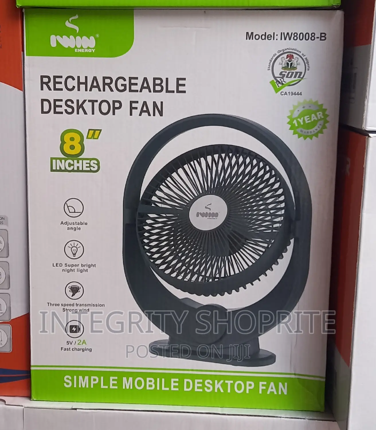 IWIN ENERGY 8inches Rechargeable Desk Fan + Led Light
