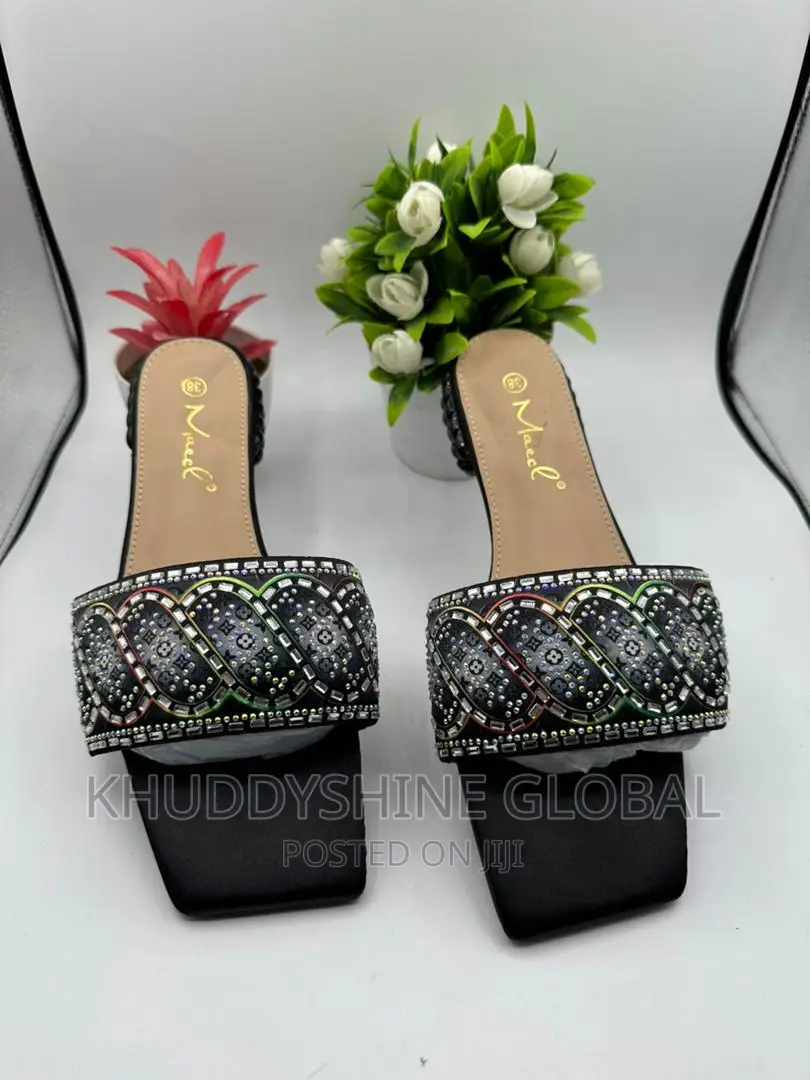 Open-Toe Crystal Studded Slippers