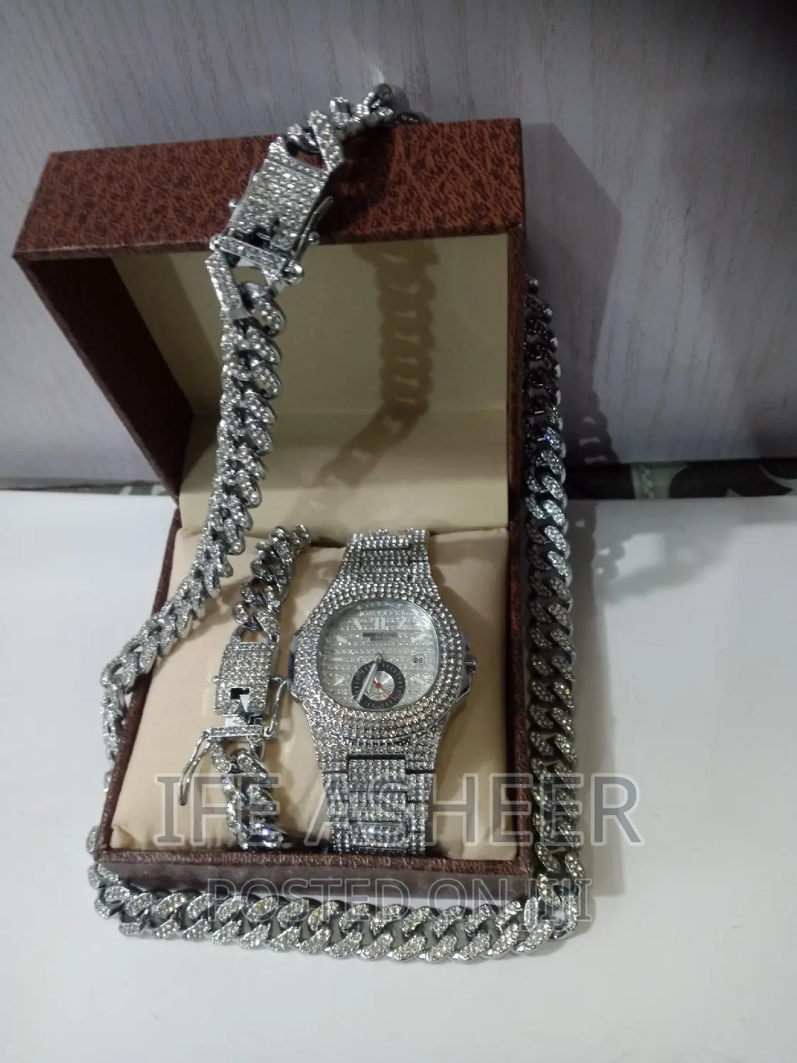 18" Iced Cuban Silver Neck Hand Chain With Wrist Watch