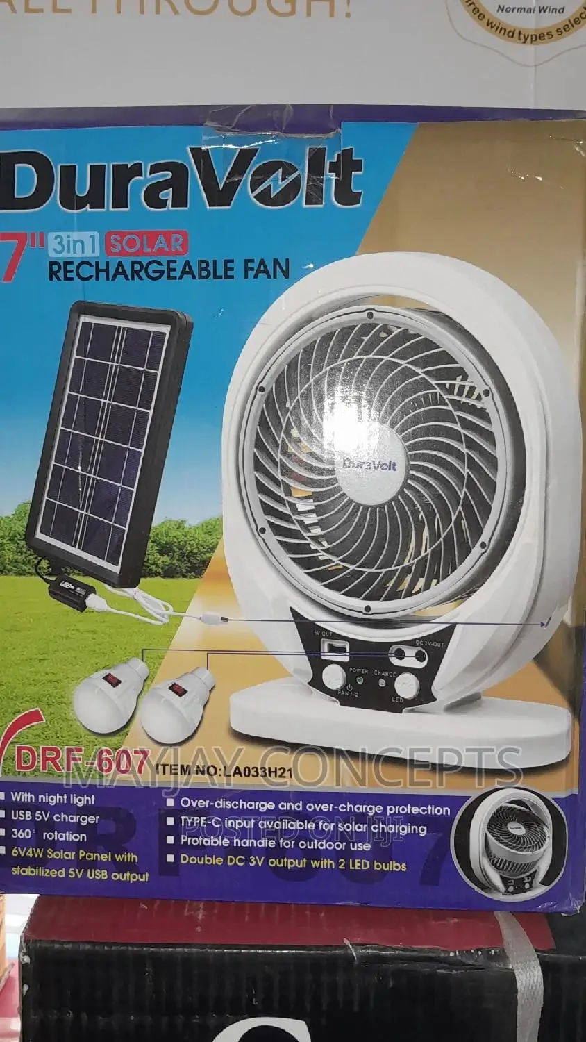 7" 3-in-1 Duravolt Solar Rechargeable Table Fan