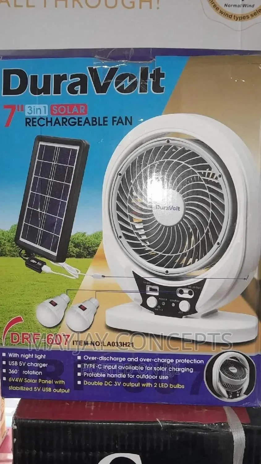 7" 3-in-1 Duravolt Solar Rechargeable Table Fan