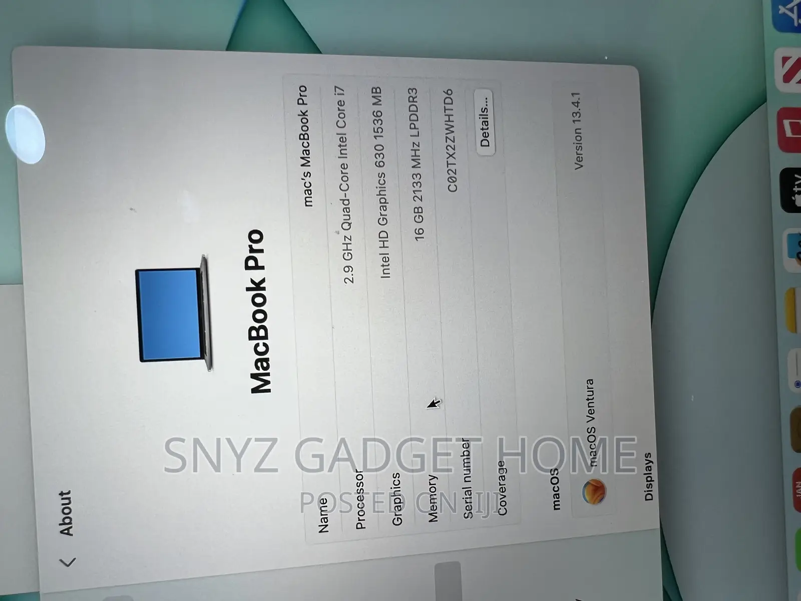 Laptop Apple MacBook Pro 2017 16GB Intel Core i7 SSD 500GB