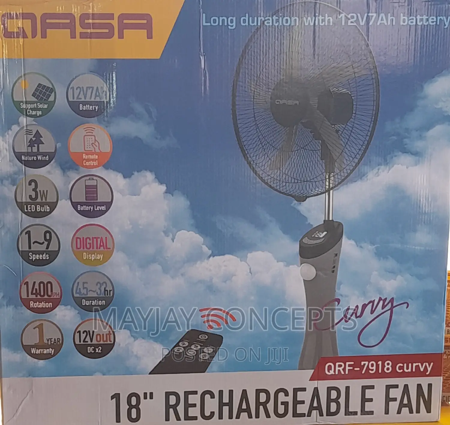 Qasa Curvy Rechargeable Standing Fan-Supports Solar Charge