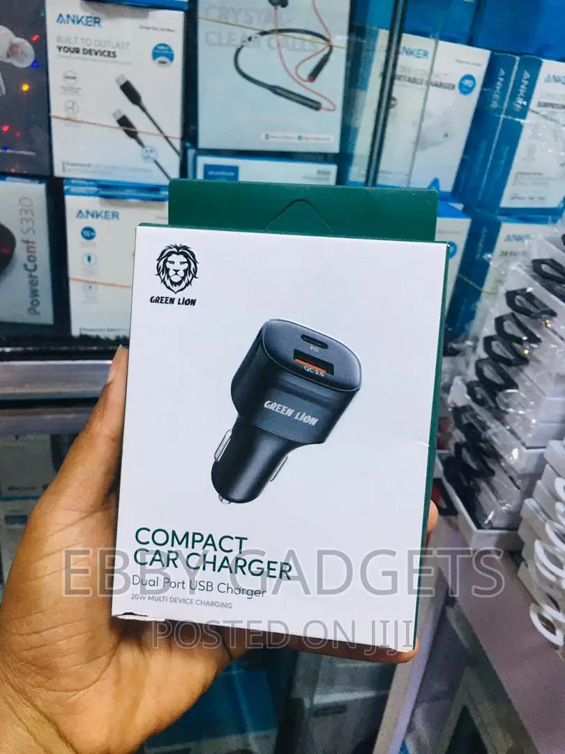 Green Lion Compact Dual Port Car Charger With Cable - 20W