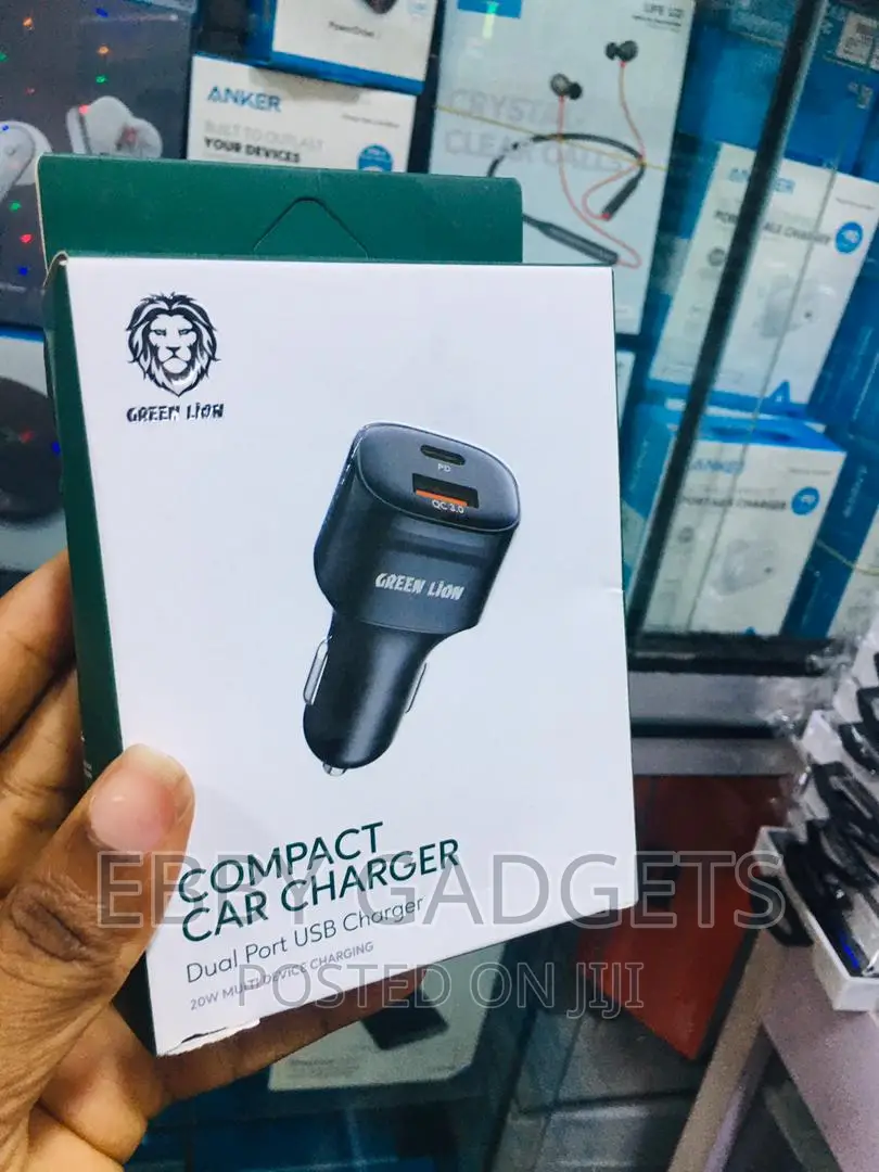 Green Lion Compact Dual Port Car Charger With Cable - 20W