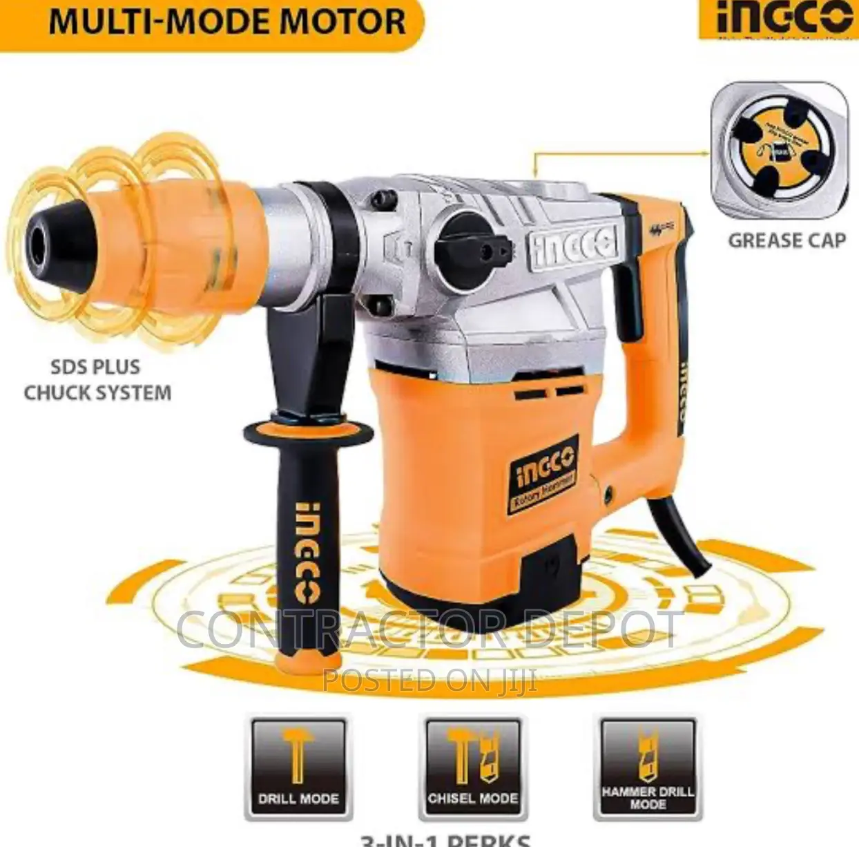 Ingco 1800w SDS Plus Chuck Rotary Hammer+ 3 Drills +2chisels
