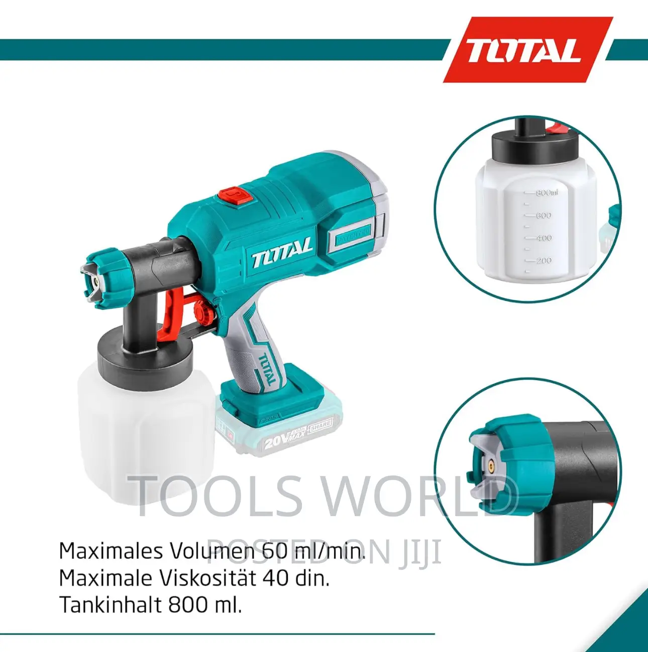 Total Tools - Battery Cordless Paint Spray Gun P20S 20 V