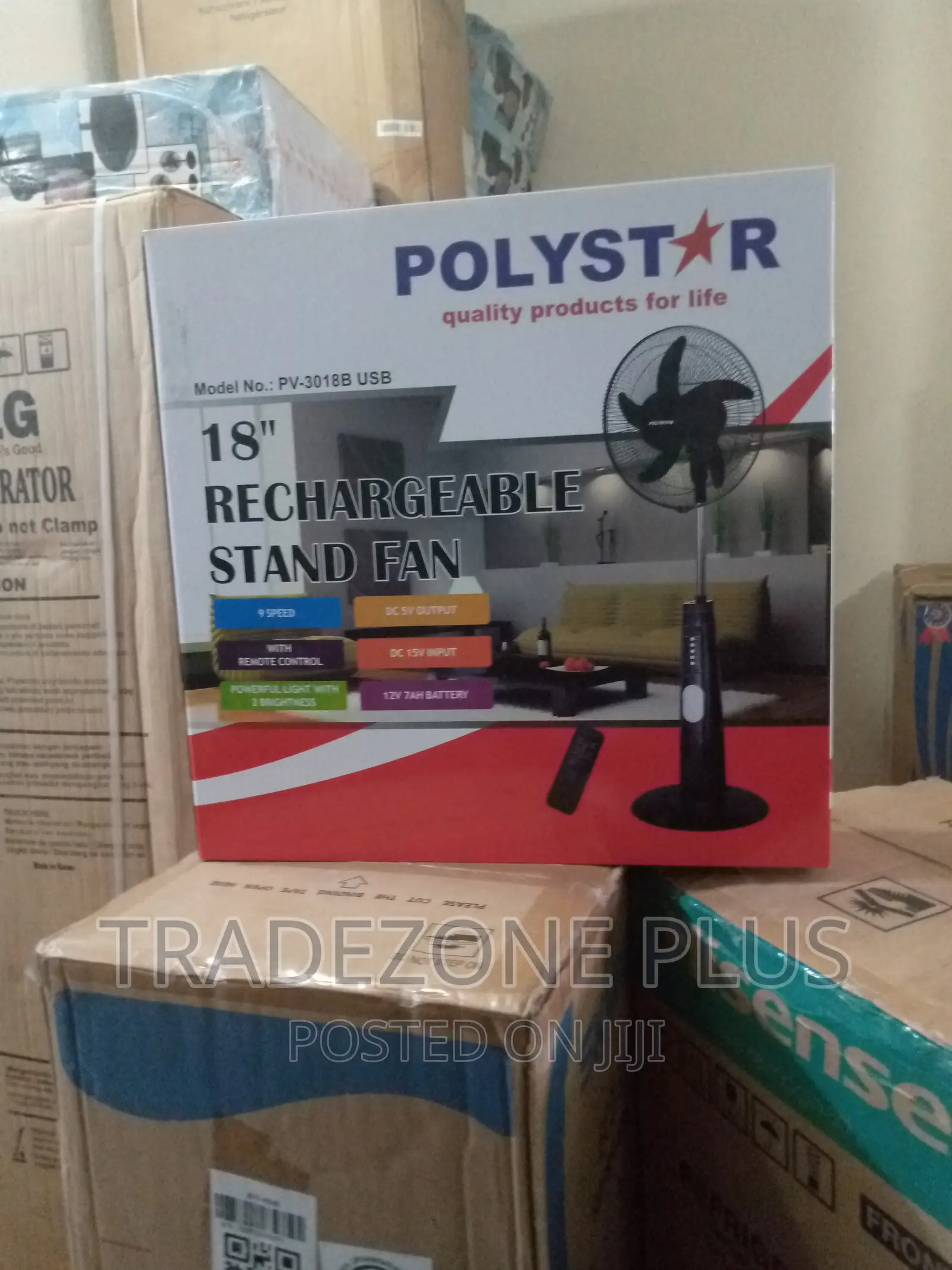 Polystar 18'' Rechargeable Stand Fan +Remote-Pv3018b