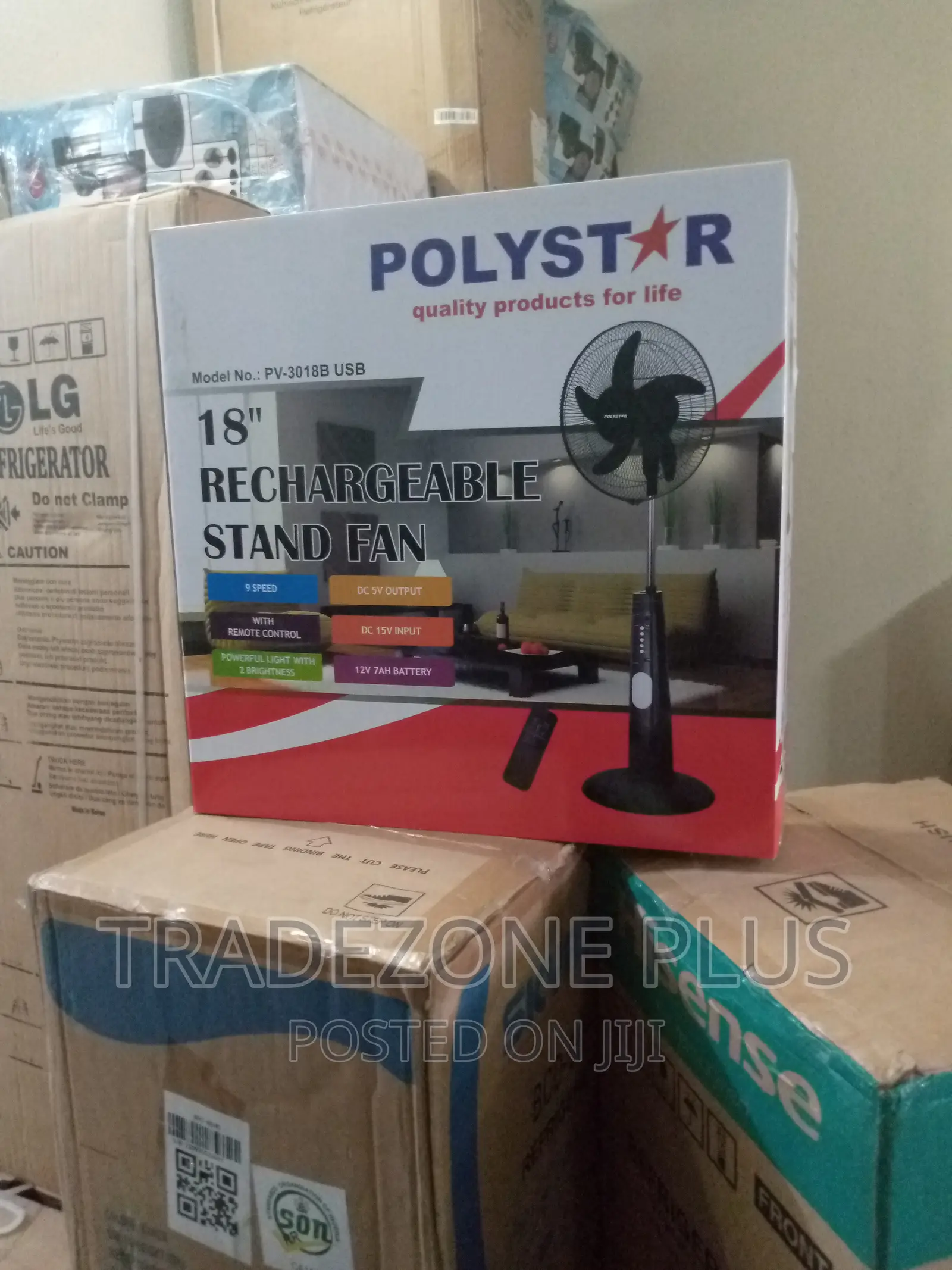 Polystar 18 Inch Rechargeable Stand Fan +Remote = Pv3018b