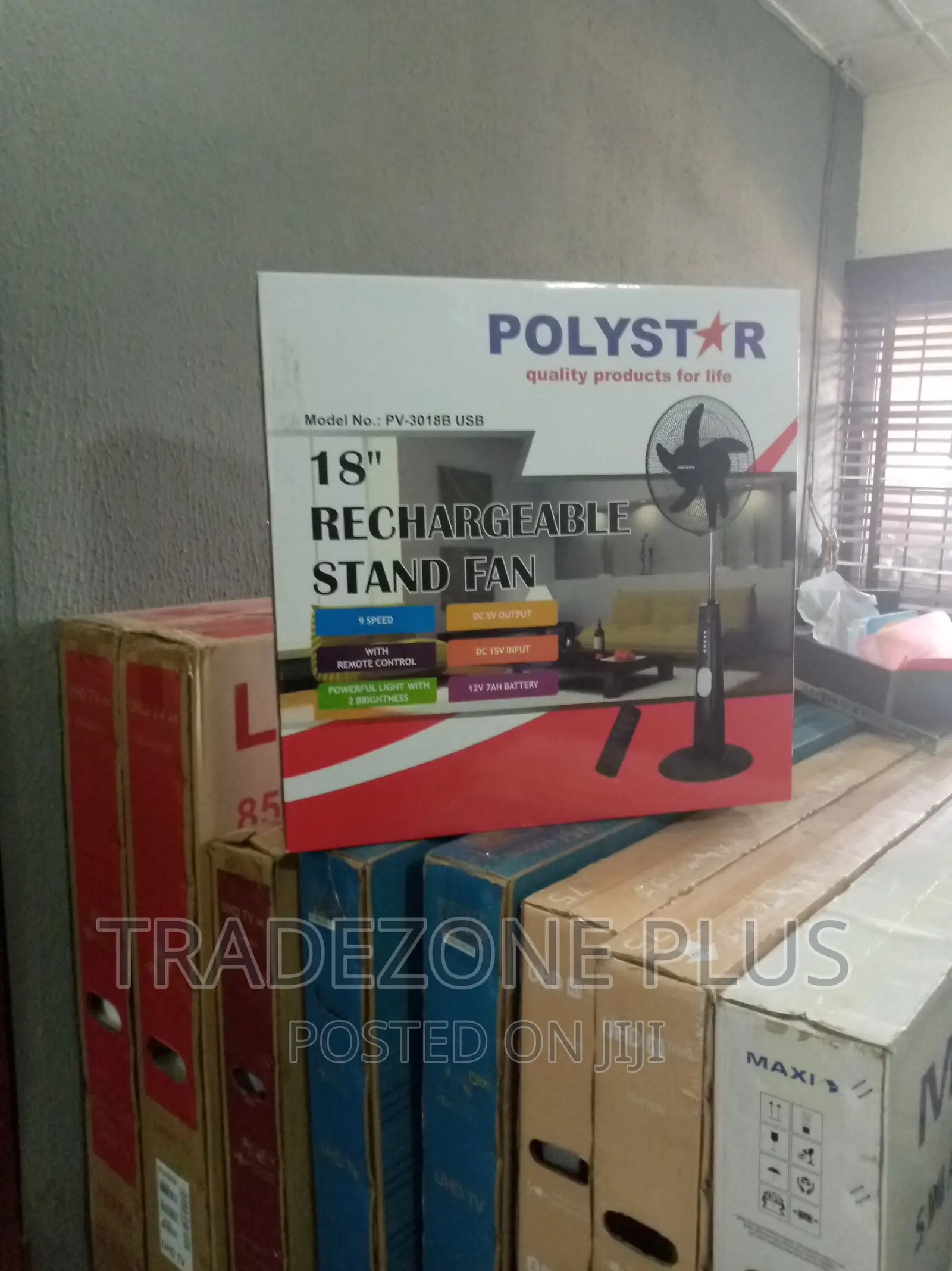 Brand New Polystar Pv3018b 18'' Rechargeable Standing Fan