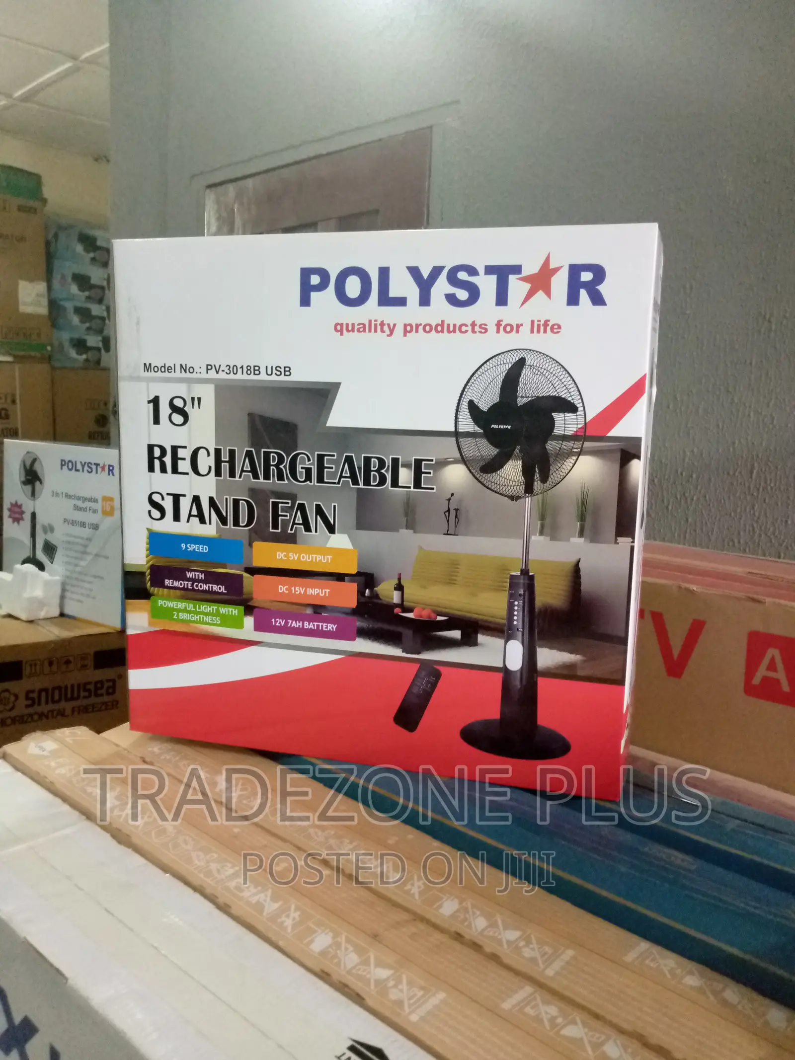 Brand New Polystar Pv3018b 18'' Rechargeable Standing Fan