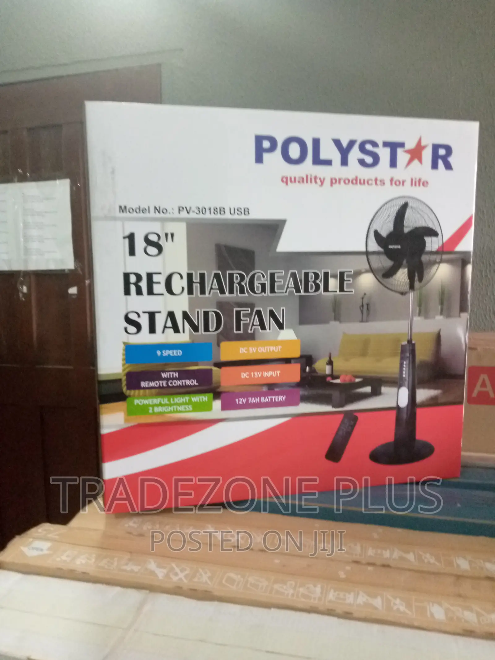 New 18'' Polystar Rechargeable Standing Fan + Remote.Pv3018b