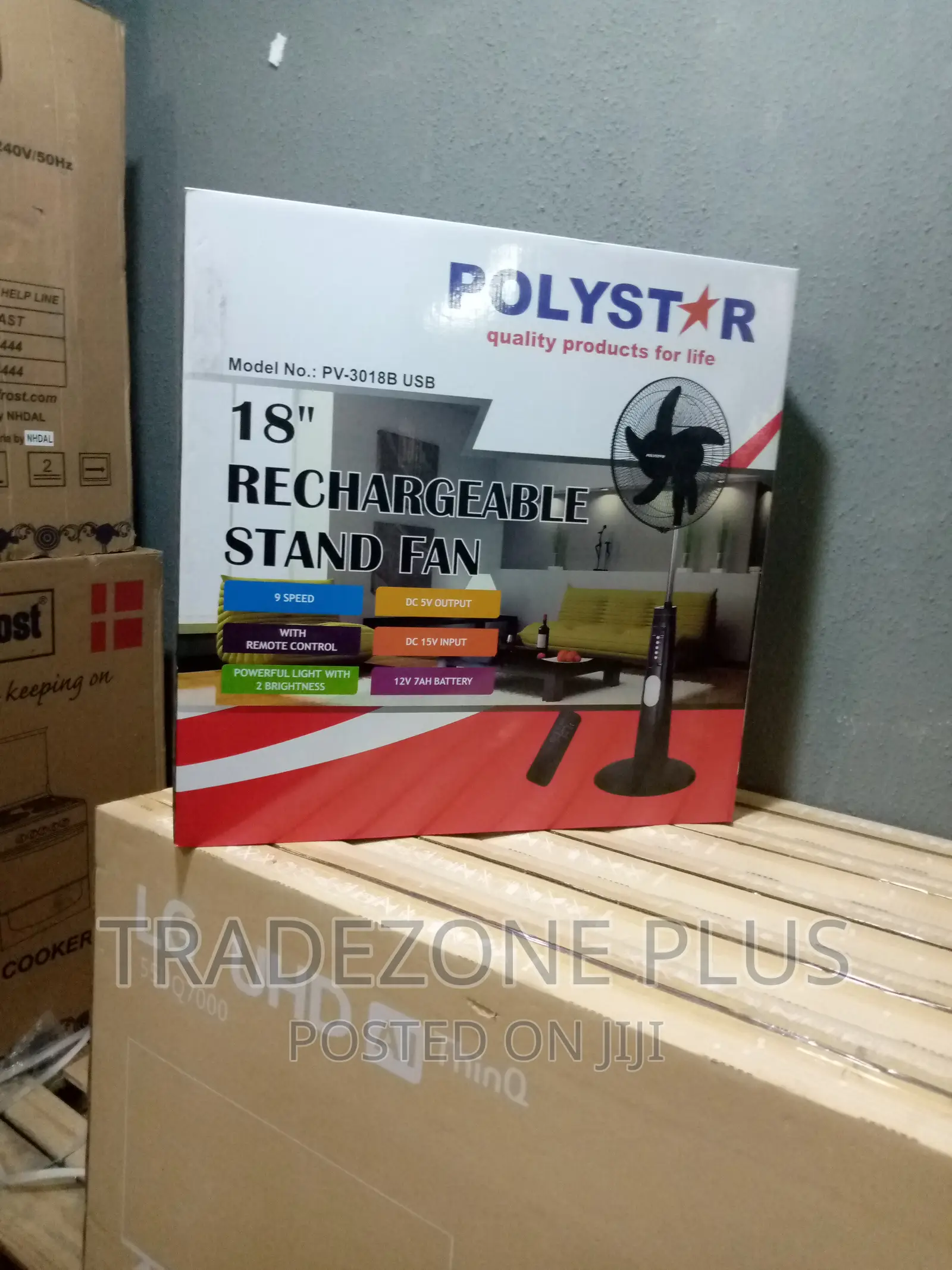 New in Polystar (Pv3018b) 18'' Rechargeable Standing Fan