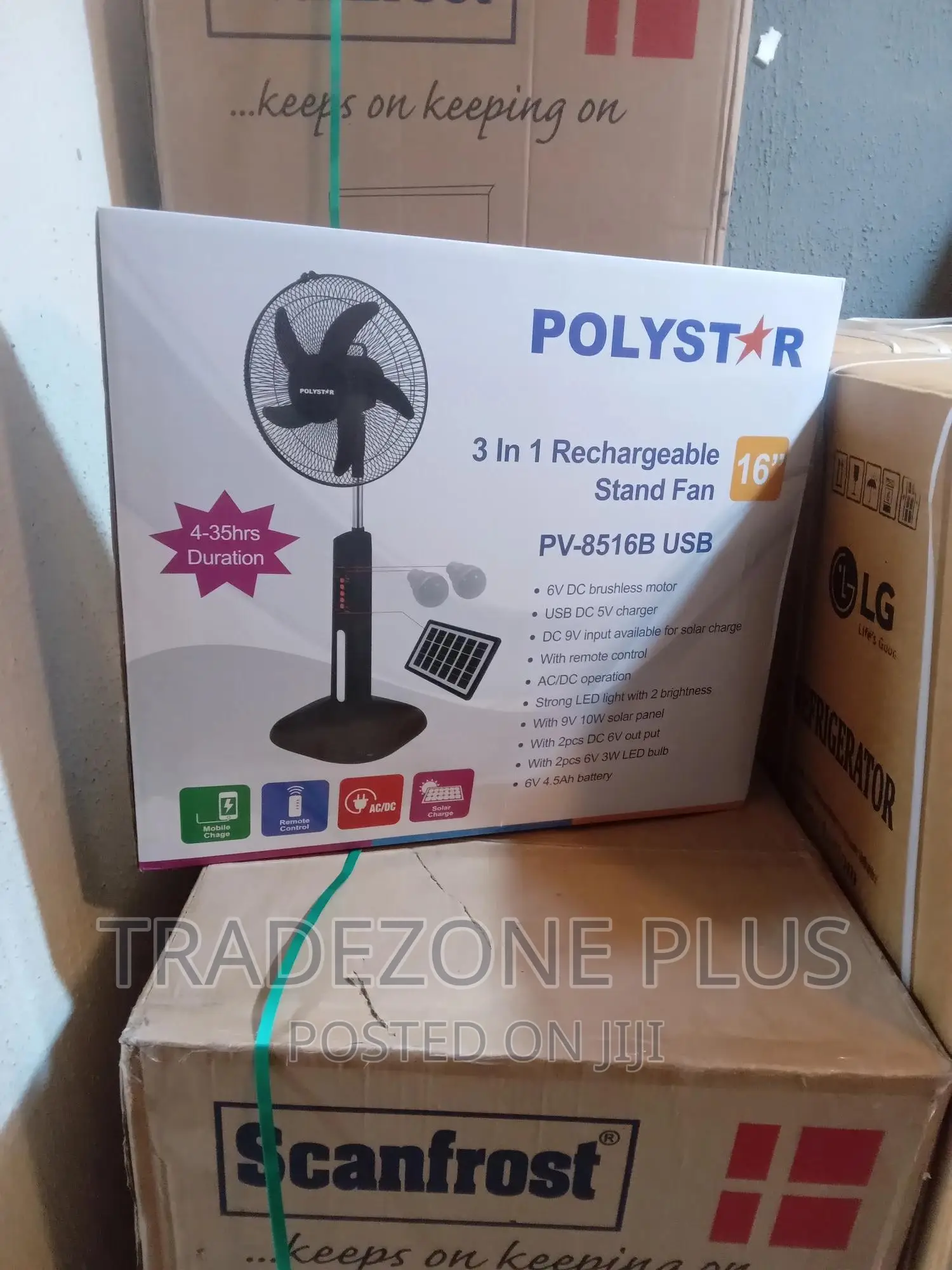 Black Rechargeable Polystar 16'' Standing Fan=Pv8516b