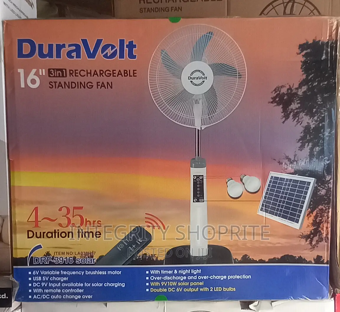 Duravolt 16 Inches 3 in 1 Rechargeable Fan With Solar