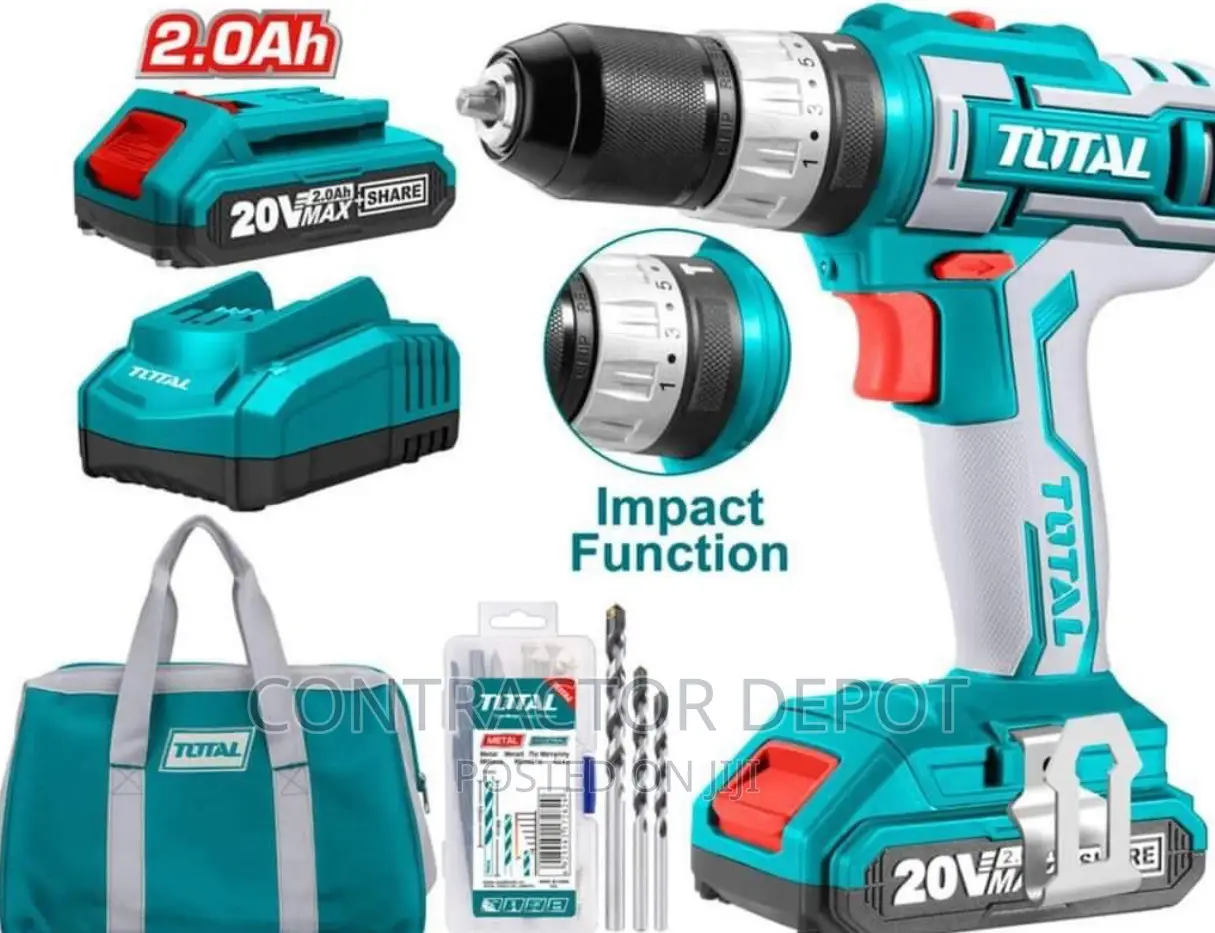 Total 20V Cordless Impact Drill 2 X Battery + Charger +Case
