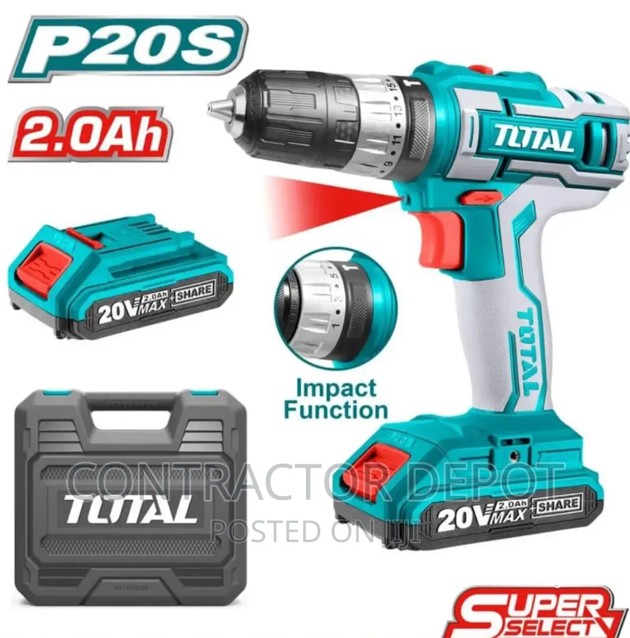 Total 20V Cordless Impact Drill 2 X Battery + Charger +Case