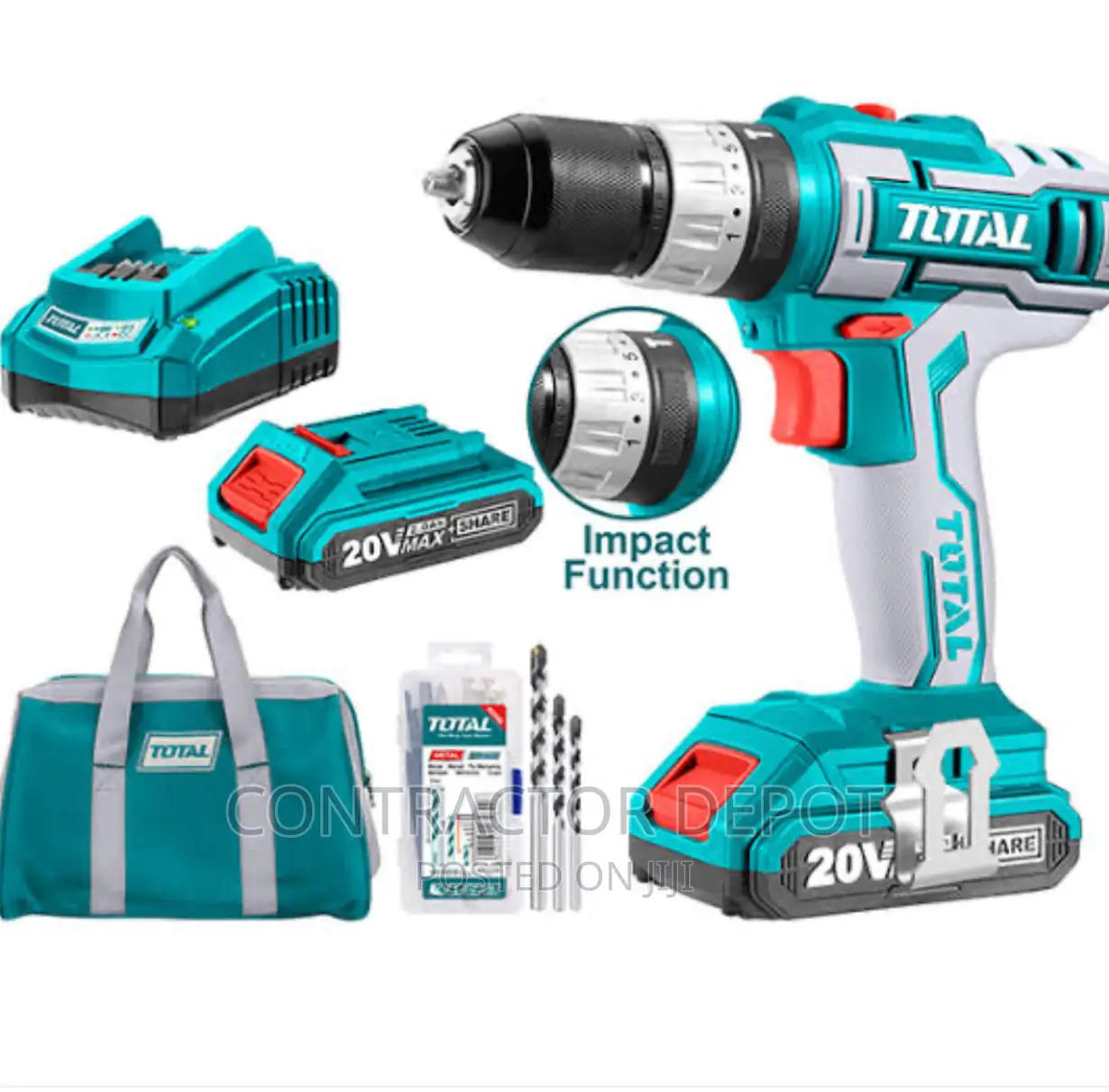 Total 20V Cordless Impact Drill 2 X Battery + Charger +Case