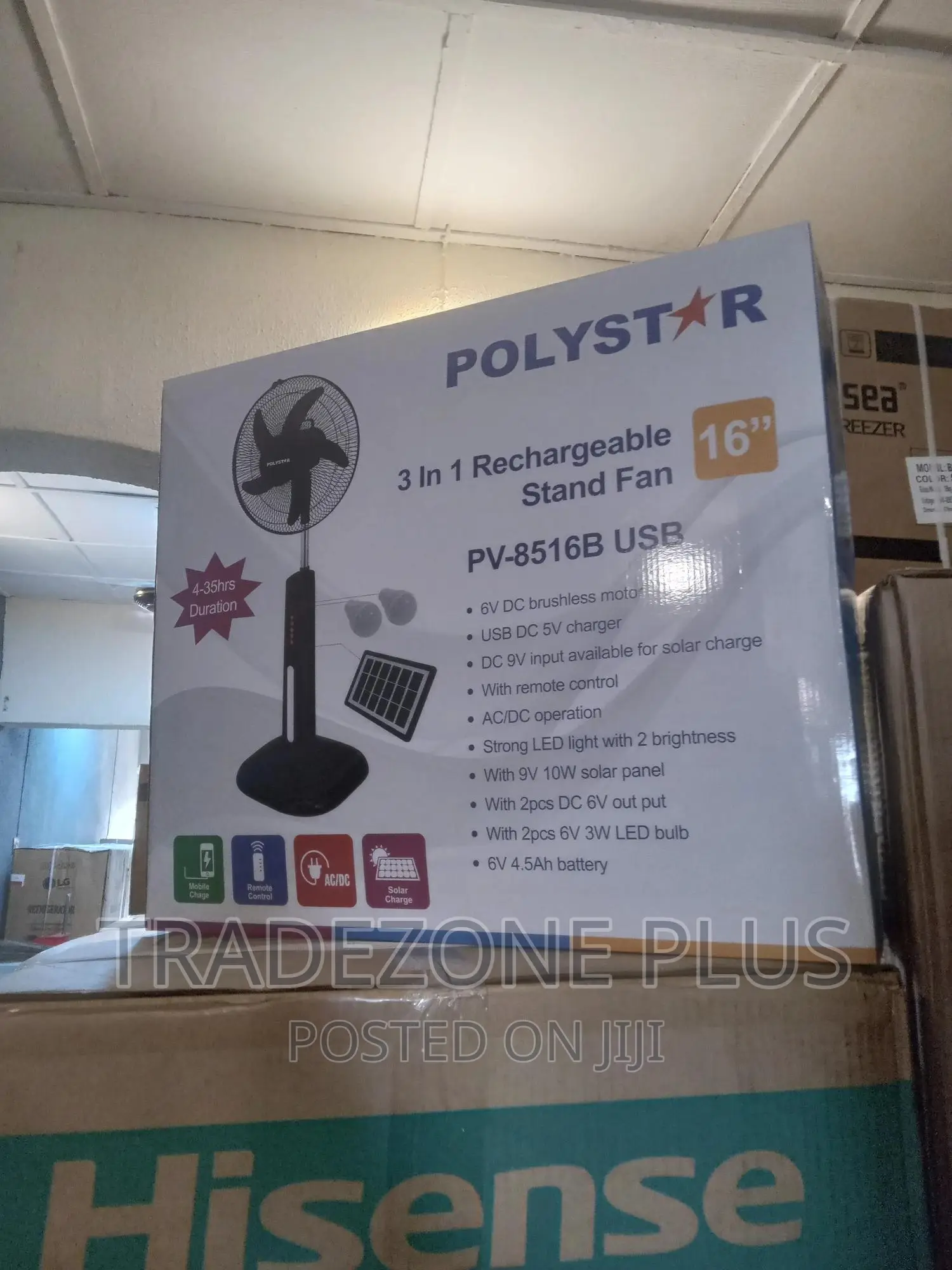 Polystar Standing Fan 16'' Pv8516b Rechargeable+Remote