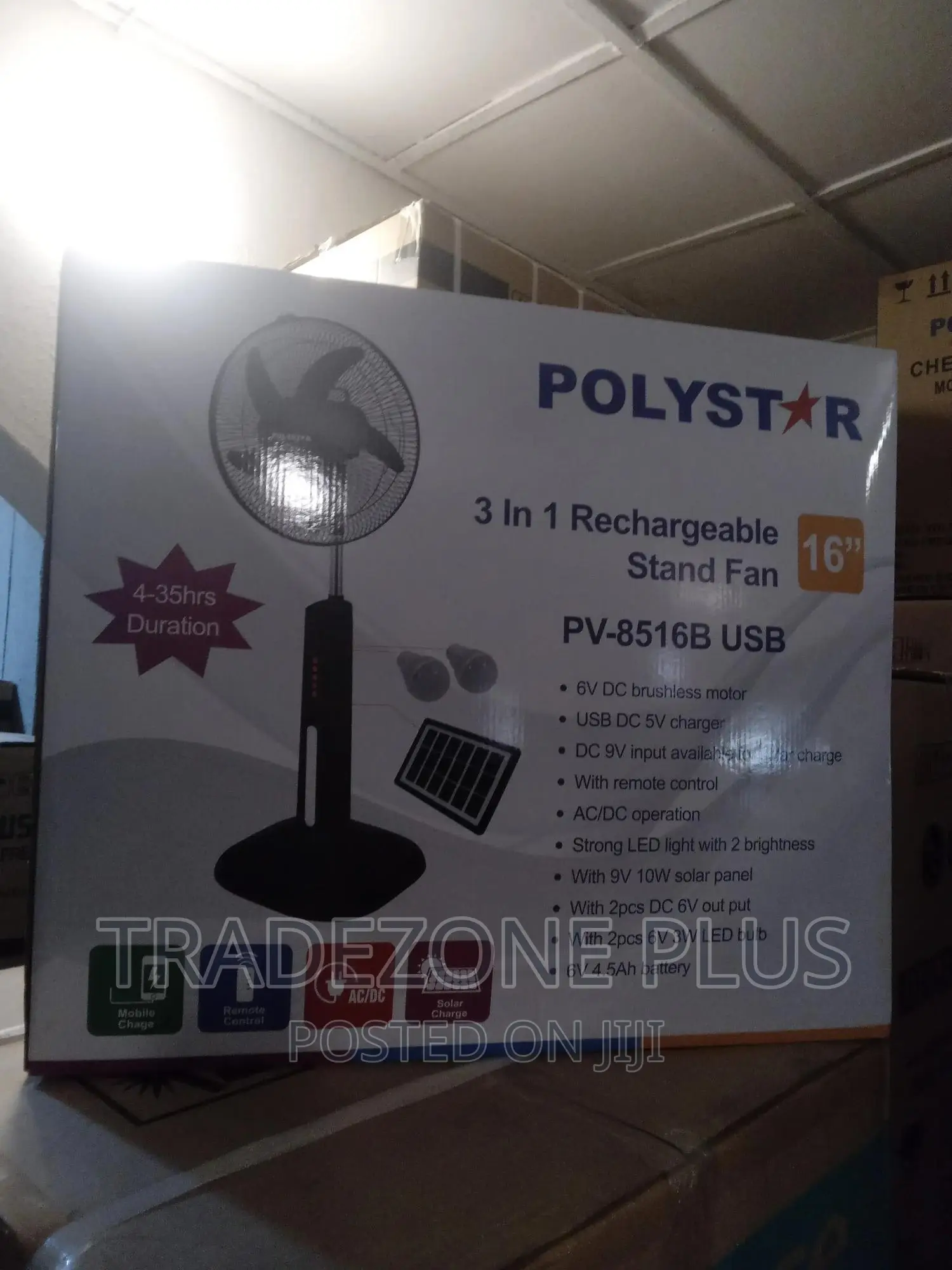 New in Rechargeable 16'' Polystar Standing Fan +Usb -Pv8516b