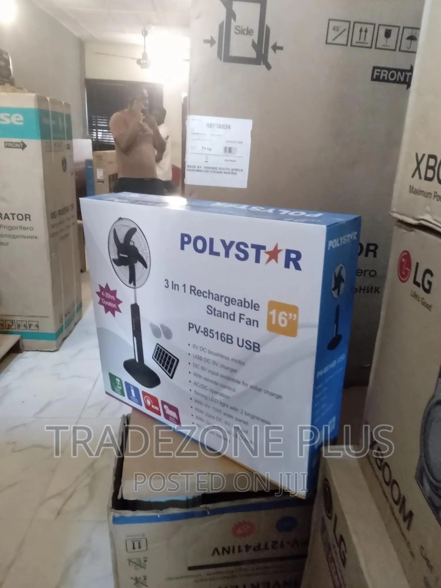 New in Rechargeable 16'' Polystar Standing Fan +Usb -Pv8516b